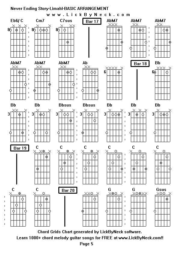 Chord Grids Chart of chord melody fingerstyle guitar song-Never Ending Story-Limahl-BASIC ARRANGEMENT,generated by LickByNeck software.